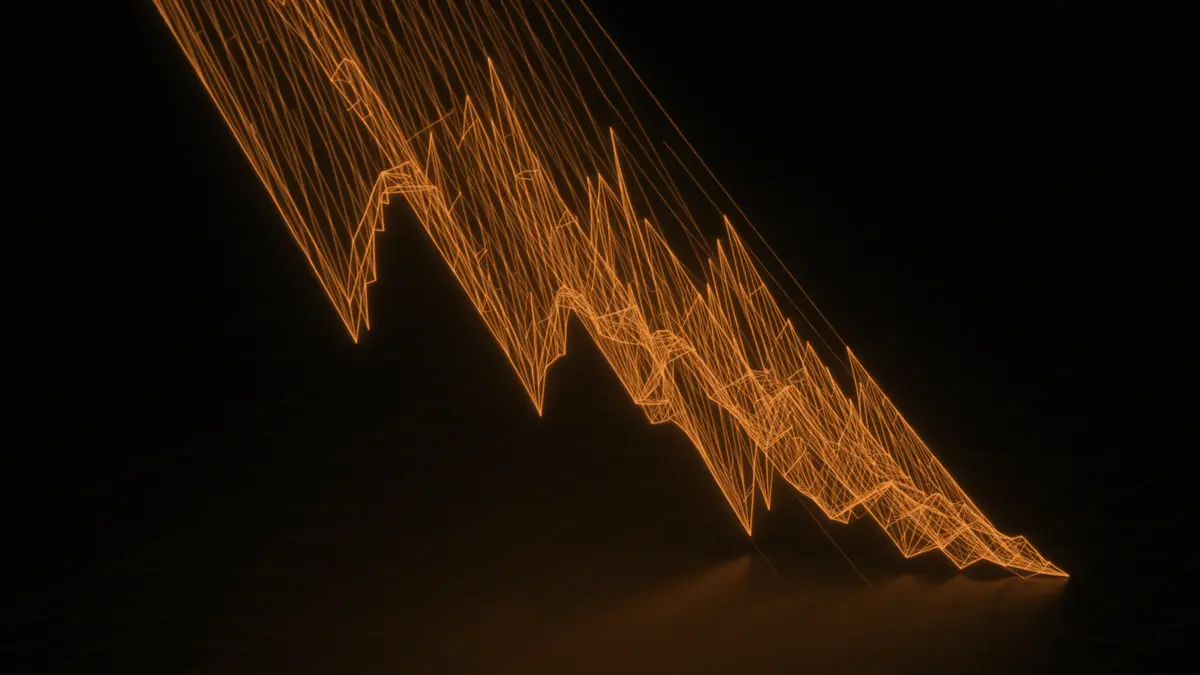 Bitcoin price chart showing dramatic 50% decline with glowing orange wireframe against dark background