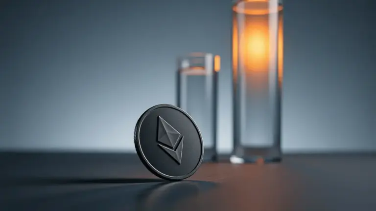 Ethereum coin falling diagonally with glowing stablecoin columns rising in background