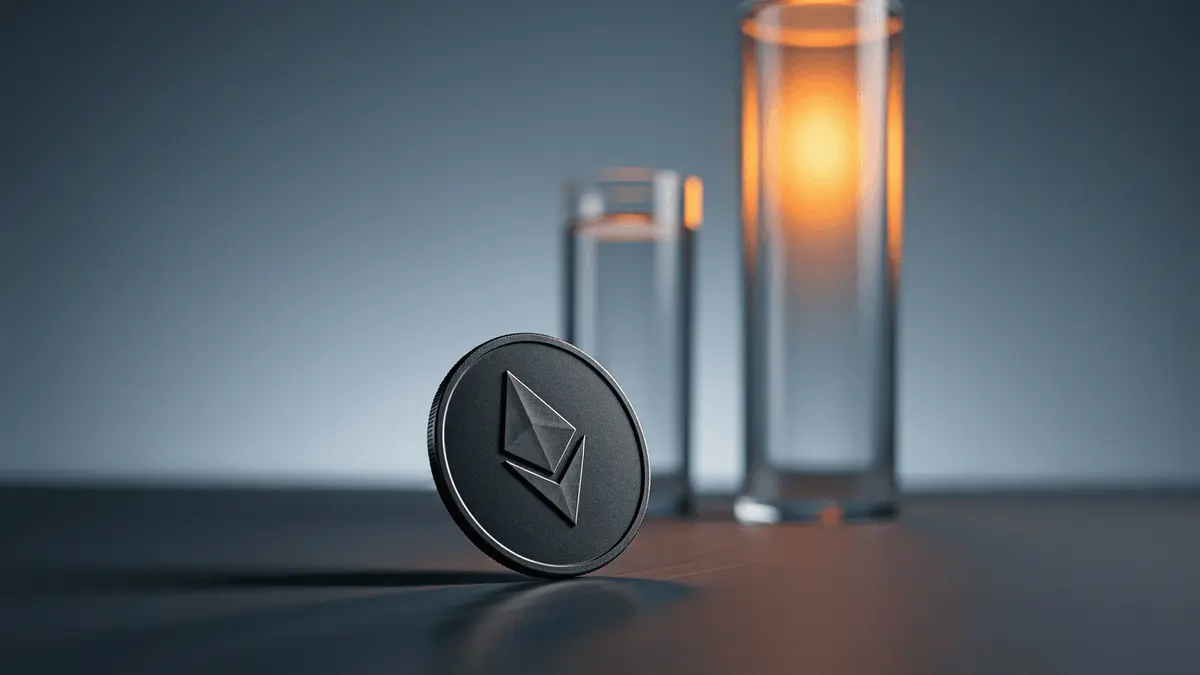 Ethereum coin falling diagonally with glowing stablecoin columns rising in background