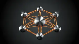 Geometric metallic clusters representing Ethereum Foundation's seven-cluster organizational restructuring