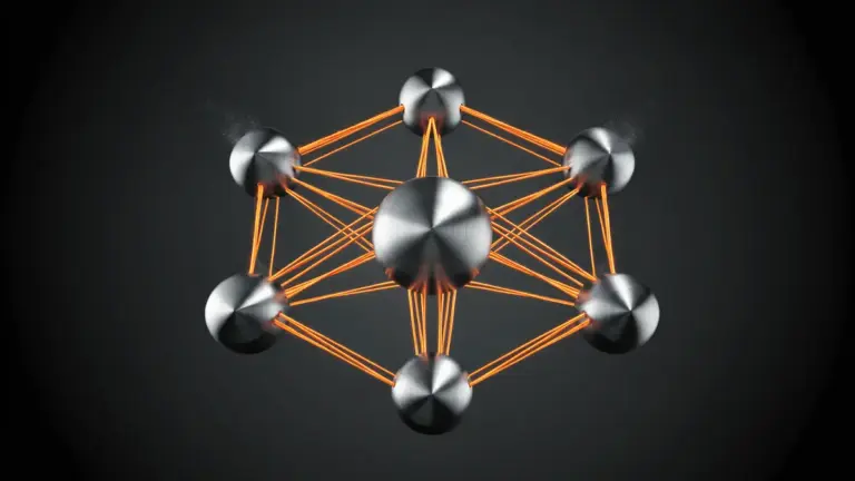 Geometric metallic clusters representing Ethereum Foundation's seven-cluster organizational restructuring