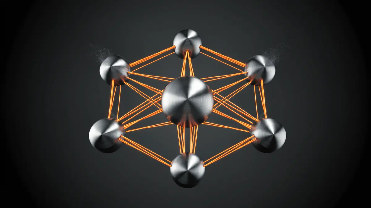 Geometric metallic clusters representing Ethereum Foundation's seven-cluster organizational restructuring