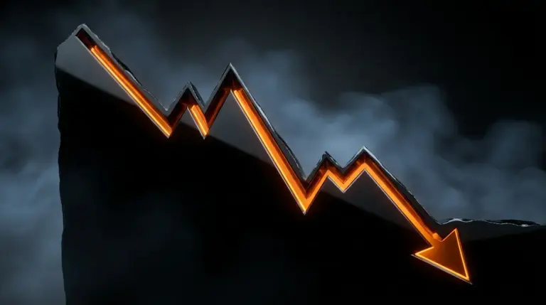 Descending financial chart carved in black stone with amber lighting showing downward market trend