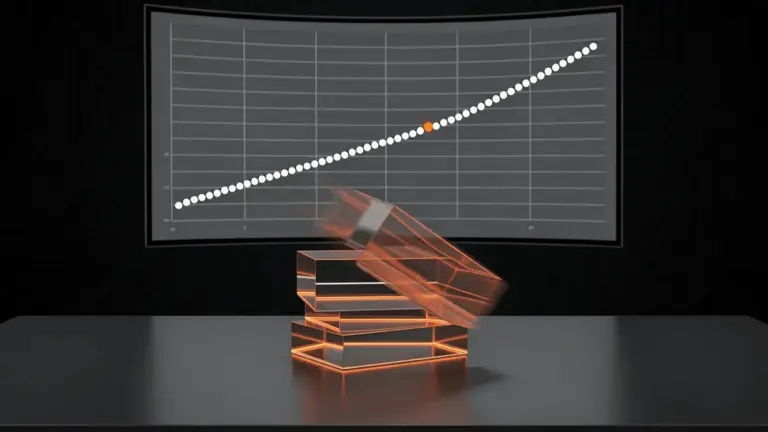 Bitcoin ETF redemption visualization with orange-lit acrylic blocks and Fed dot plot display on trading terminal