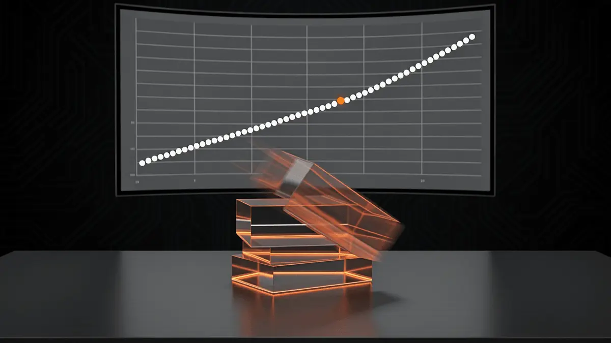 Bitcoin ETF redemption visualization with orange-lit acrylic blocks and Fed dot plot display on trading terminal