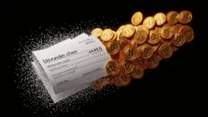 Dividend payment transforming into Bitcoin coins against black background with orange lighting