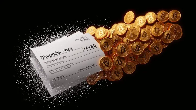 Dividend payment transforming into Bitcoin coins against black background with orange lighting