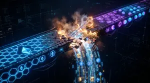 Broken digital bridge between Ethereum and Cosmos networks with data streams draining through security breach