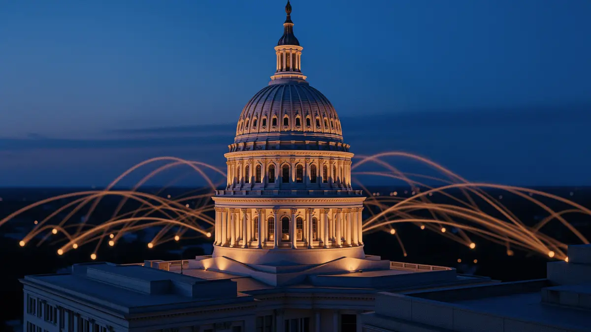 Illinois State Capitol dome at dusk with digital network light trails in orange and blue tones