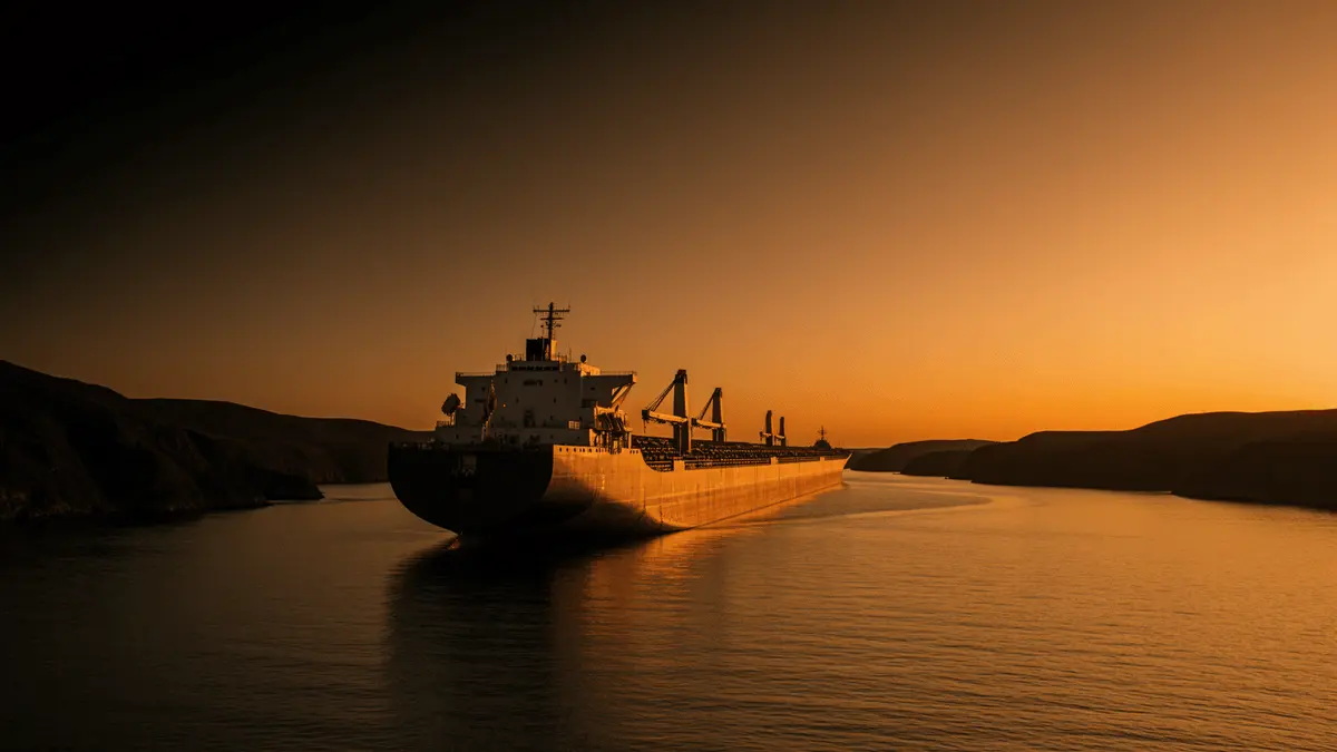 Oil tanker sailing through strategic waterway at sunset symbolizing Iran deal and crude market shift