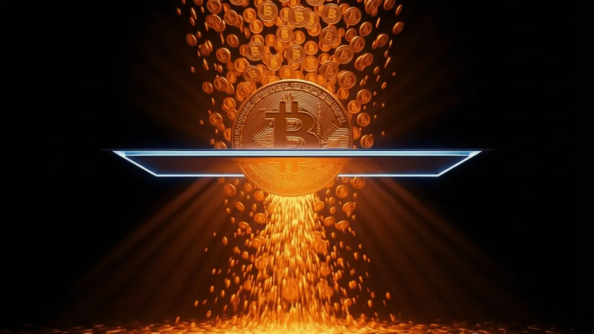 Bitcoin cascade at critical $60K threshold with dramatic lighting and golden-orange highlights