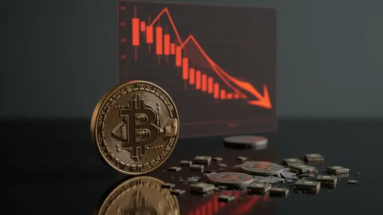 Bitcoin coin and semiconductor chips on dark surface with declining chart visualization in background