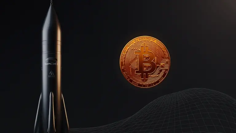 SpaceX rocket and golden Bitcoin coin against dark background symbolizing IPO and crypto reserve disclosure