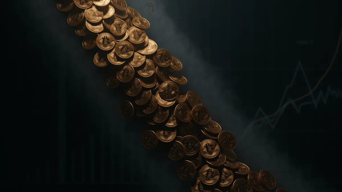 Bitcoin coins cascading downward through dark atmospheric space representing market capitulation and exchange inflows