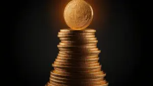 Stacked gold Bitcoin coins against black background symbolizing corporate treasury accumulation