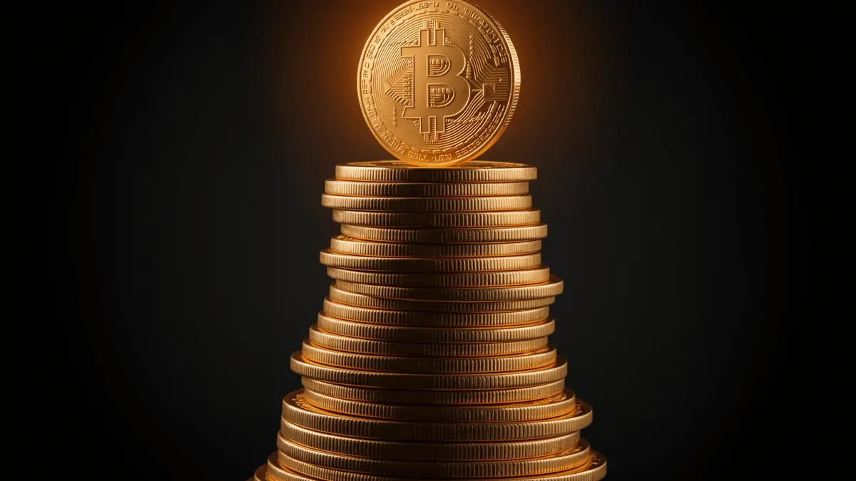 Stacked gold Bitcoin coins against black background symbolizing corporate treasury accumulation