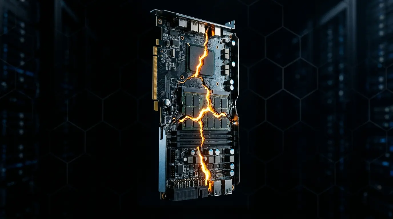 Fractured server hardware with three glowing cracks representing Sui blockchain network outages