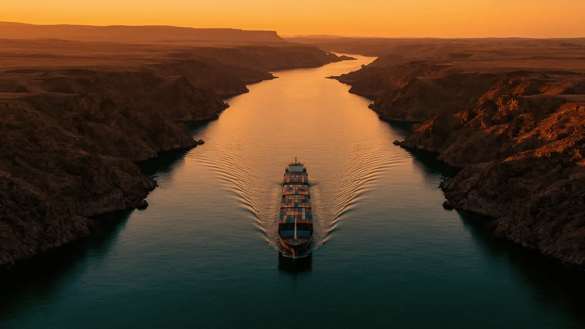 Aerial view of container ship navigating the Strait of Hormuz at golden hour with dramatic coastal terrain