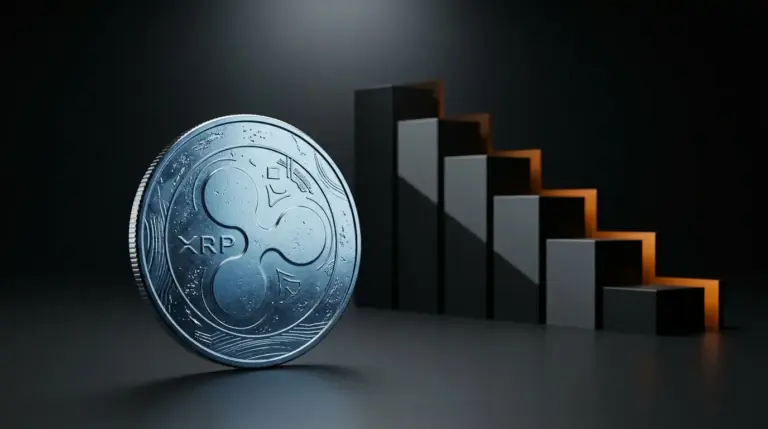 XRP cryptocurrency coin with descending geometric blocks showing market price decline and bearish momentum