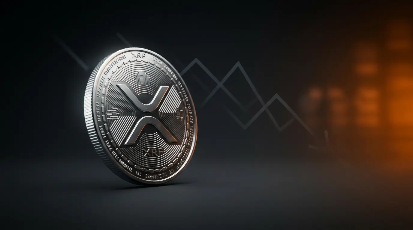 XRP cryptocurrency coin with dramatic lighting against dark background showing market decline