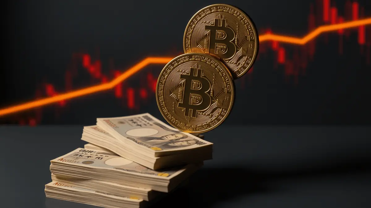 Japanese yen notes and Bitcoin coins in dramatic downward arrangement on dark background