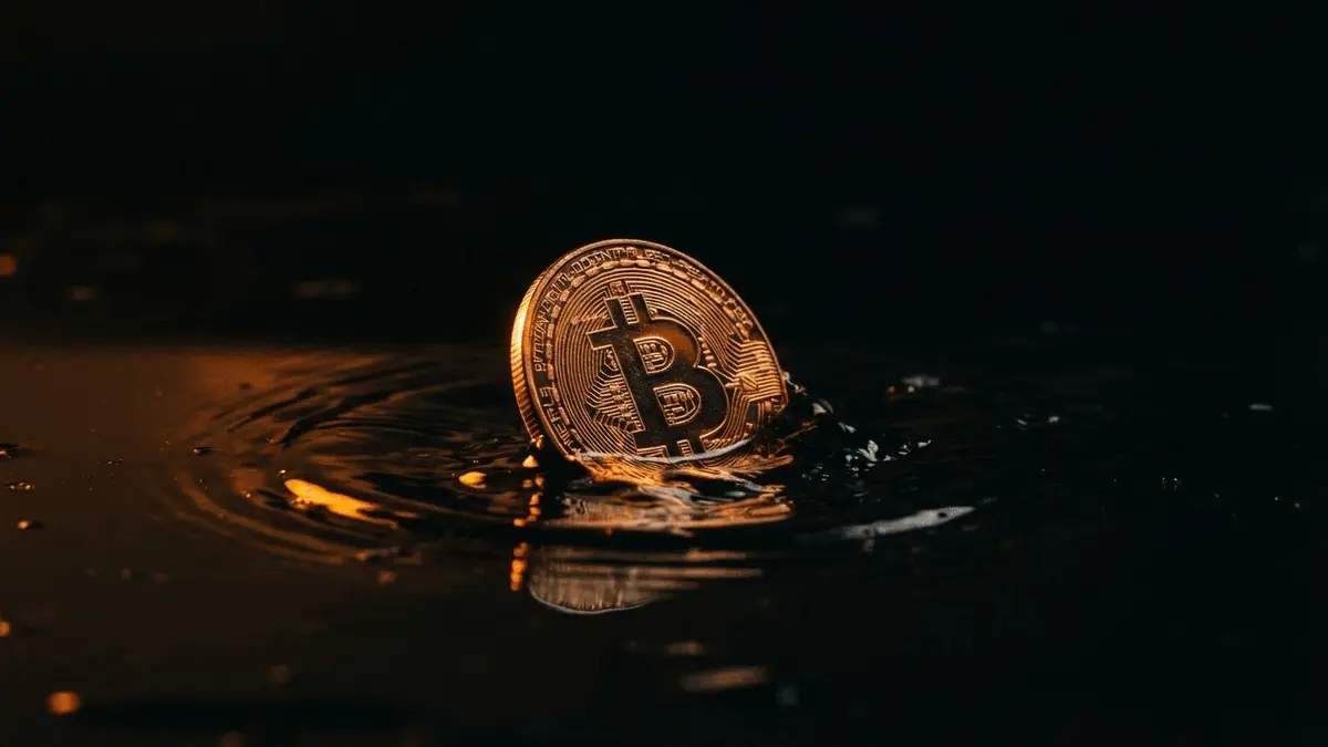 Bitcoin coin emerging from dark water creating ripples symbolizing dormant cryptocurrency movement
