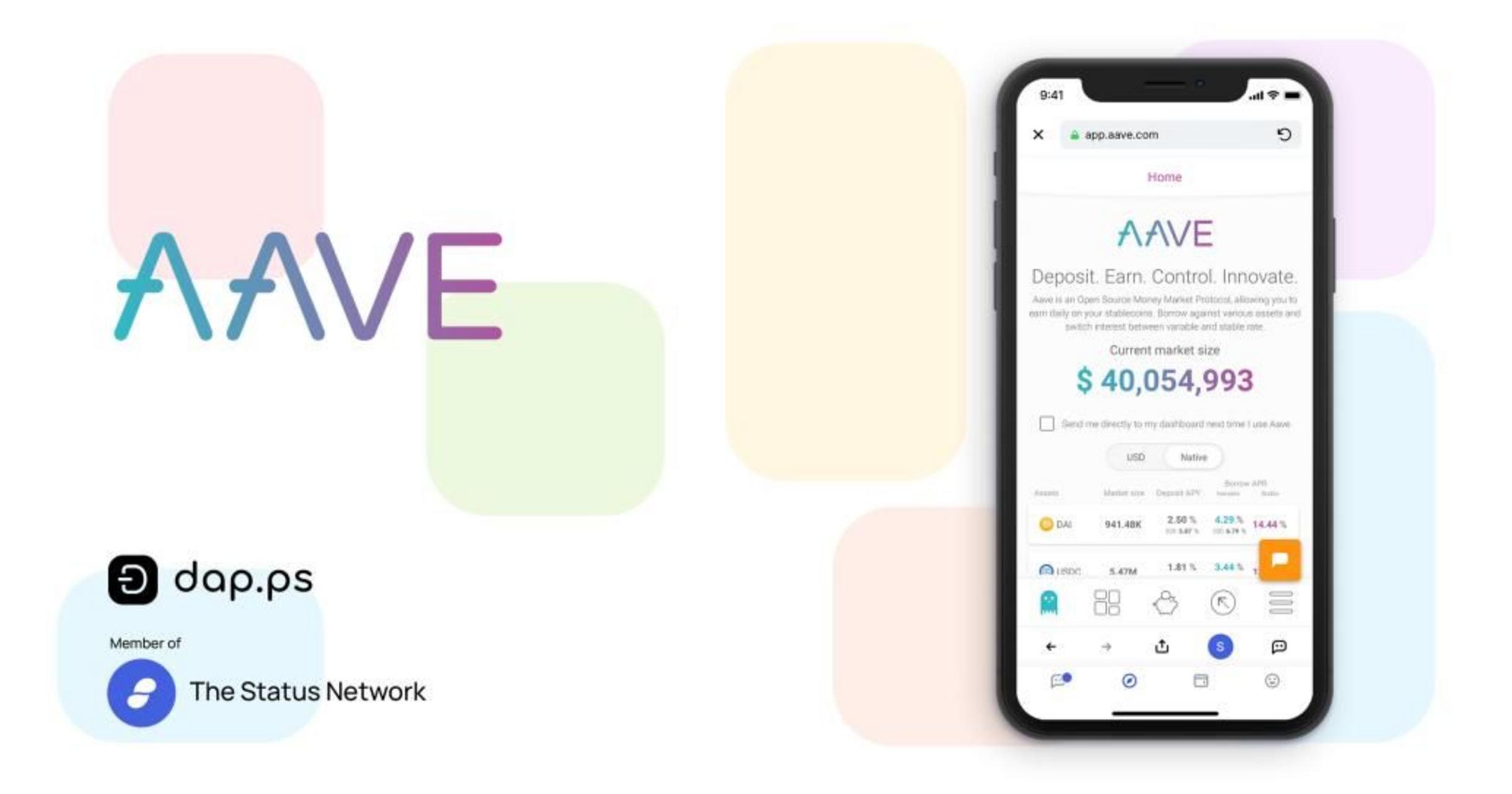 Aave DeFi lending interface on a smartphone showing market stats and options.