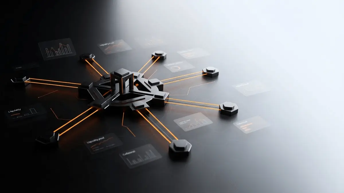 Hub and spoke network architecture visualization for decentralized lending protocol infrastructure