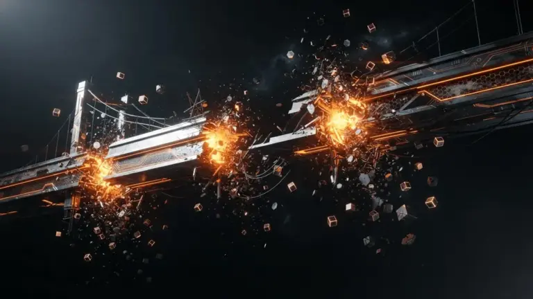 Fractured digital bridge with three glowing breach points in black and orange, representing crypto security failures