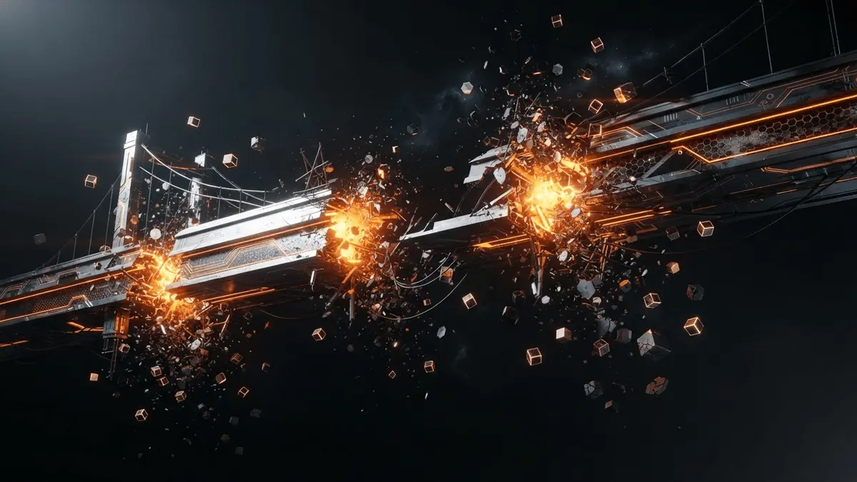 Fractured digital bridge with three glowing breach points in black and orange, representing crypto security failures