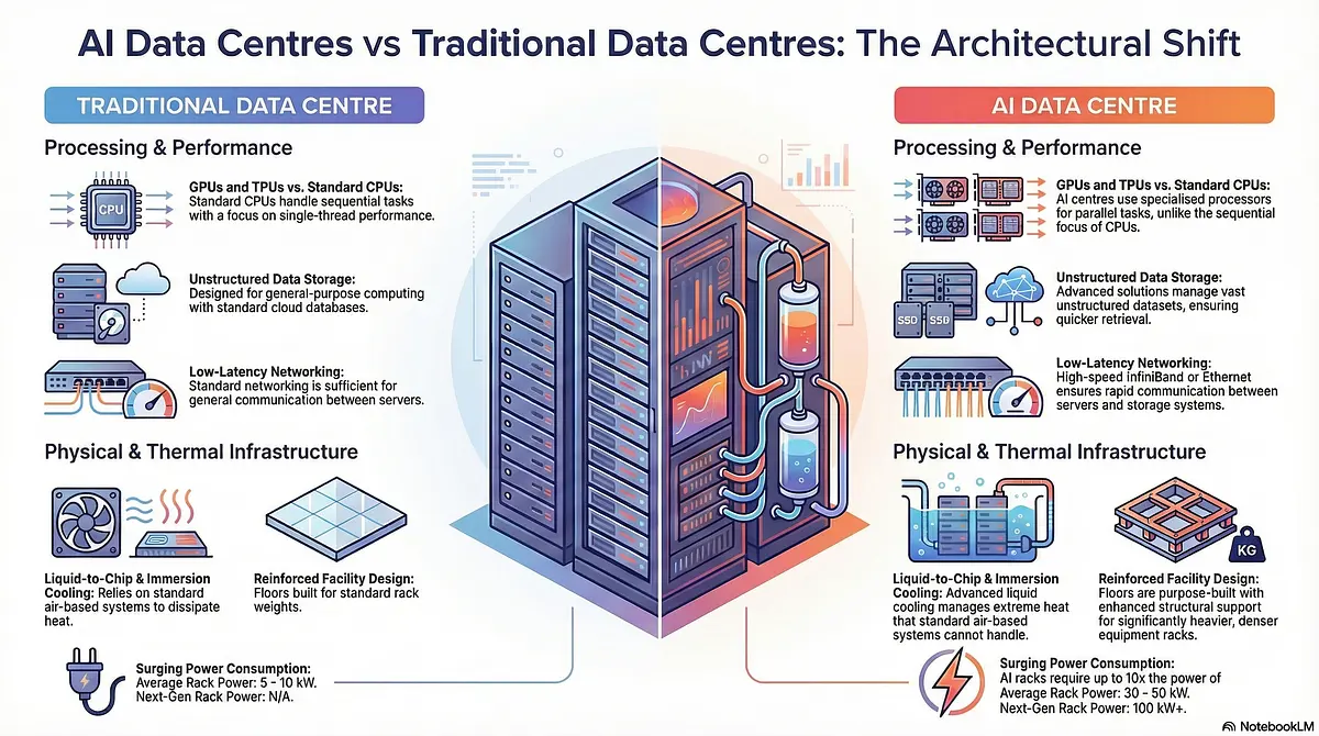 Illustration comparing AI data centers and traditional data centers with infrastructure details.