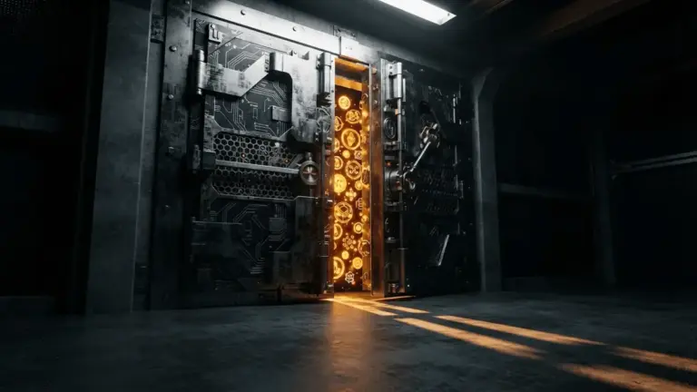 Dark vault door closing on glowing cryptocurrency assets representing frozen exchange funds