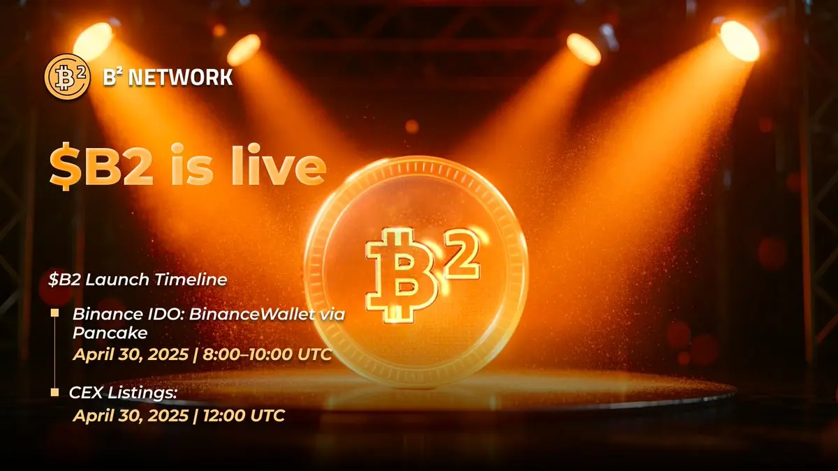 Promotional graphic for B2 Network featuring a golden $B2 cryptocurrency coin on a lit stage.