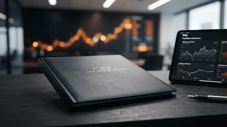 CFTC license application folder with prediction market data displays on dark professional desk