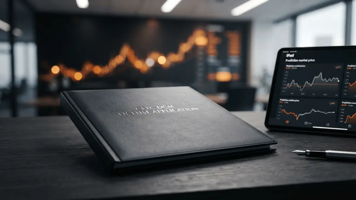 CFTC license application folder with prediction market data displays on dark professional desk