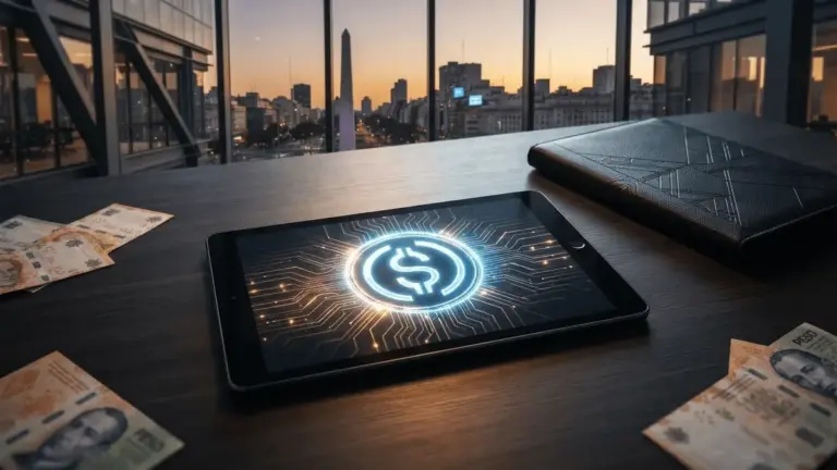 Corporate desk with digital USDC display and Buenos Aires skyline representing Argentine treasury adoption
