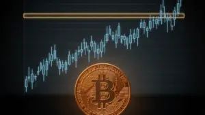 Bitcoin coin beneath glowing resistance line representing 200-week moving average technical barrier
