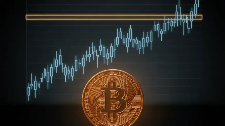 Bitcoin coin beneath glowing resistance line representing 200-week moving average technical barrier