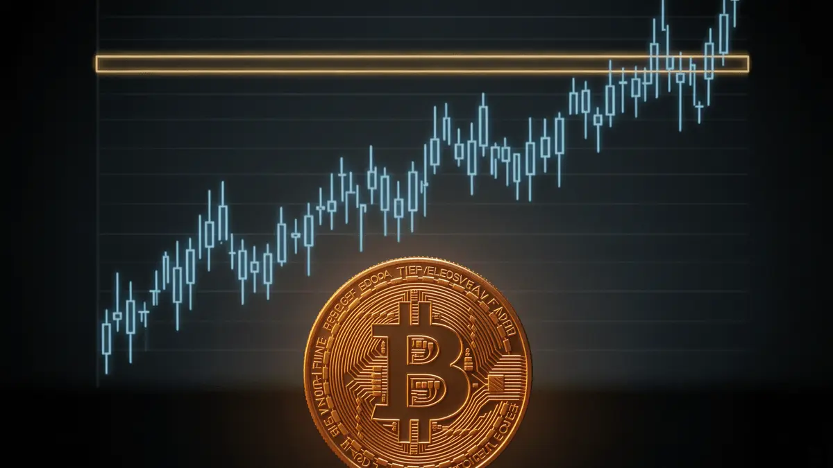 Bitcoin coin beneath glowing resistance line representing 200-week moving average technical barrier