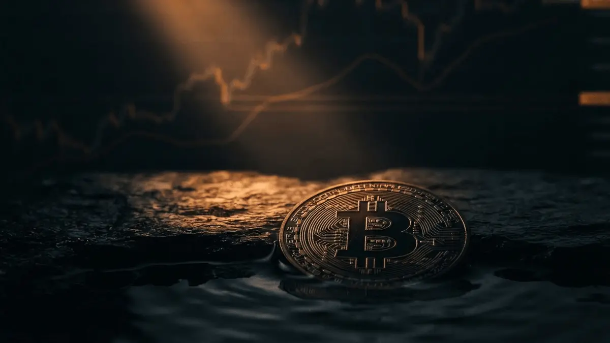 Bitcoin coin emerging from shadows with orange light representing bear market bounce