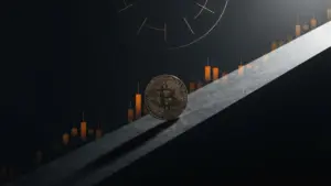 Bitcoin coin at base of steep upward slope with gold market chart overlay on dark background