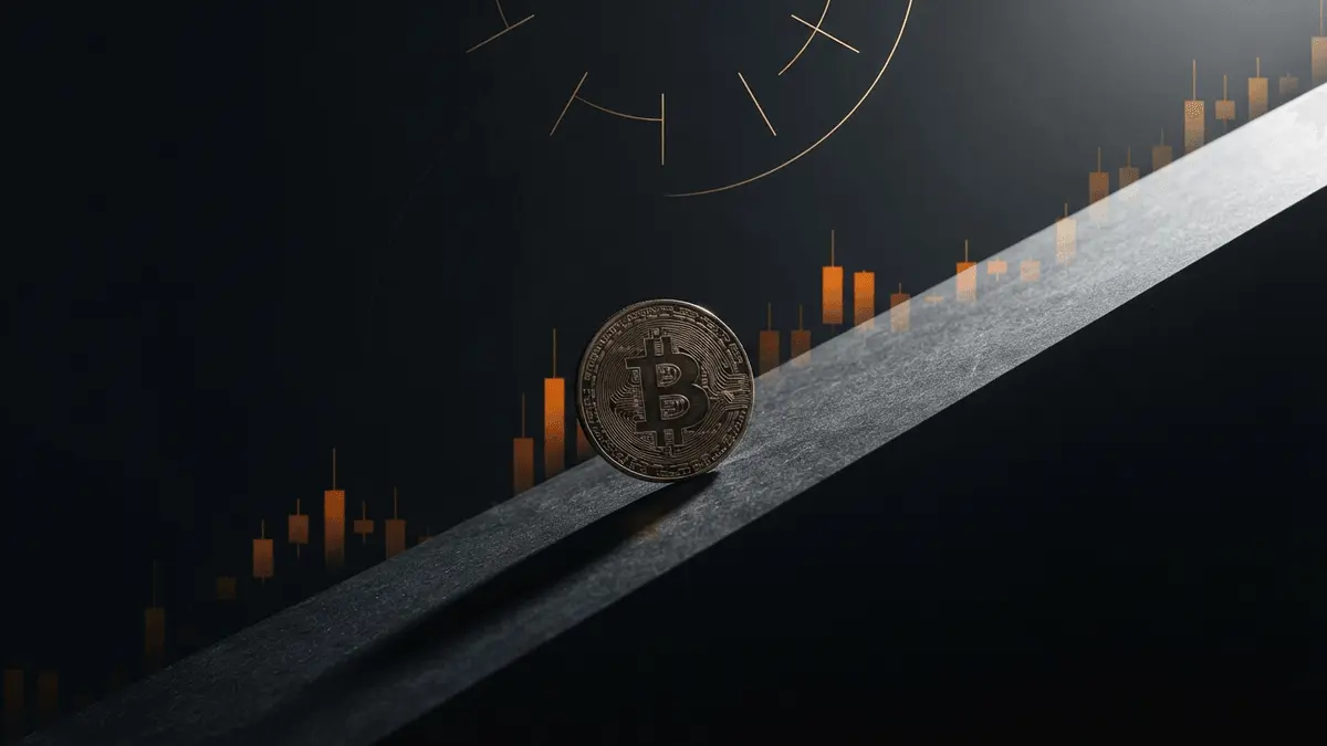 Bitcoin coin at base of steep upward slope with gold market chart overlay on dark background