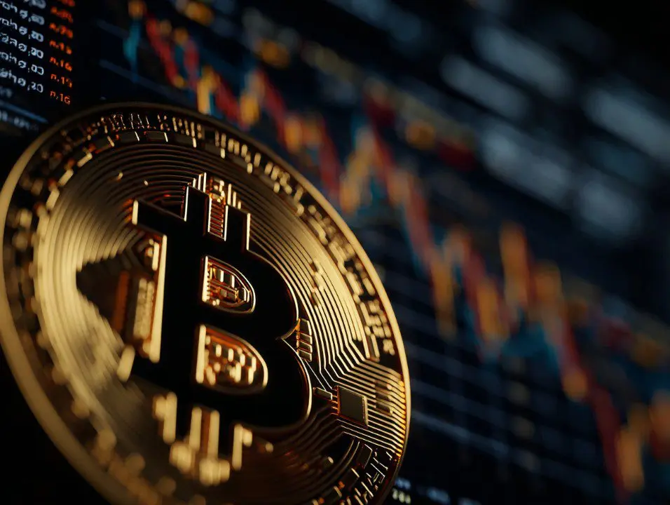 A close-up of a Bitcoin coin in front of a colorful financial chart.