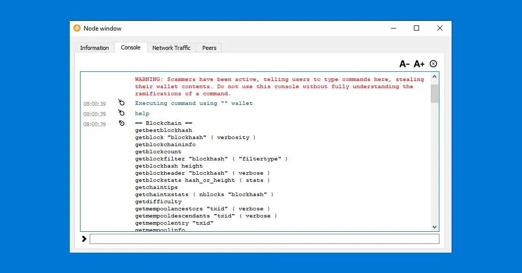 Screenshot of the Bitcoin Core node window showing the console tab and a list of blockchain commands.