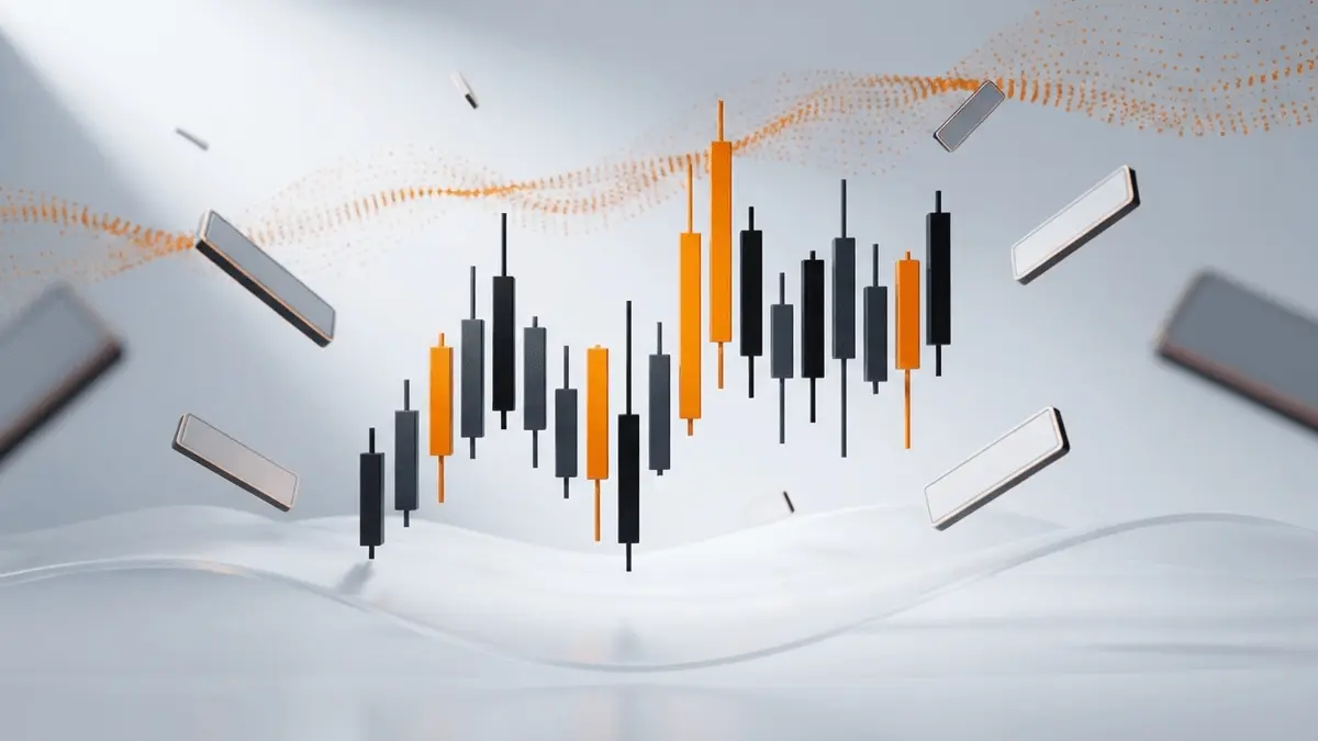 Bitcoin credit market visualization with orange-highlighted volatility bars and floating geometric tokens