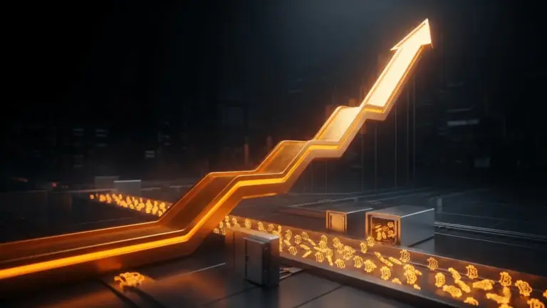 Bitcoin price chart ascending with glowing orange path and flowing BTC symbols leaving exchange vaults