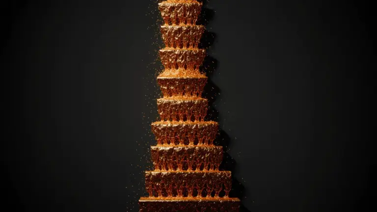 Gold metallic liquid flowing downward in waves representing Bitcoin ETF outflows on dark background