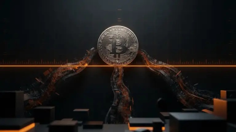 Bitcoin symbol hovering at critical support level with data streams showing market demand pressure
