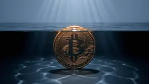 Bitcoin coin half submerged in water representing 54% of supply being underwater at a loss