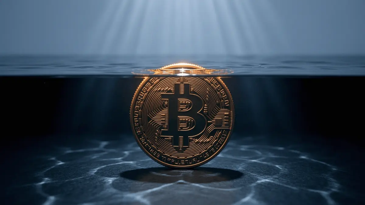 Bitcoin coin half submerged in water representing 54% of supply being underwater at a loss